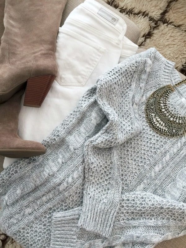 Winter white fashion - white jeans, tall suede tan boots, cable knit sweater and statement necklace