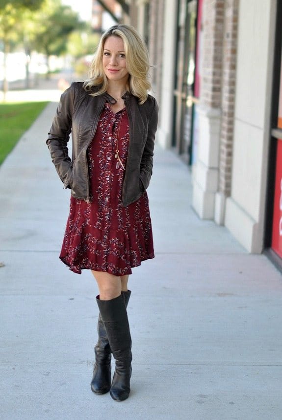 Fall Fashion - Free People Button Front Shirtdress with faux leather jacket and knee high boots