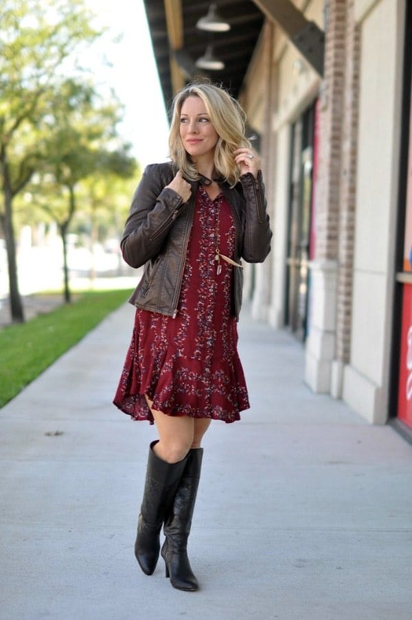 Fall Fashion - Free People Button Front Shirtdress with faux leather jacket and knee high boots