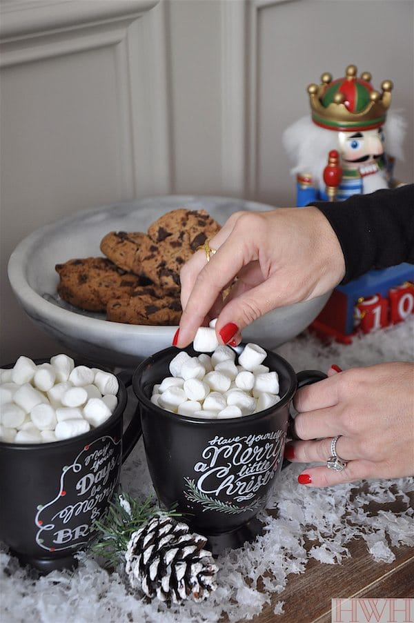 Hot cocoa on Christmas morning served in the cutest chalk mugs | Honey We're Home