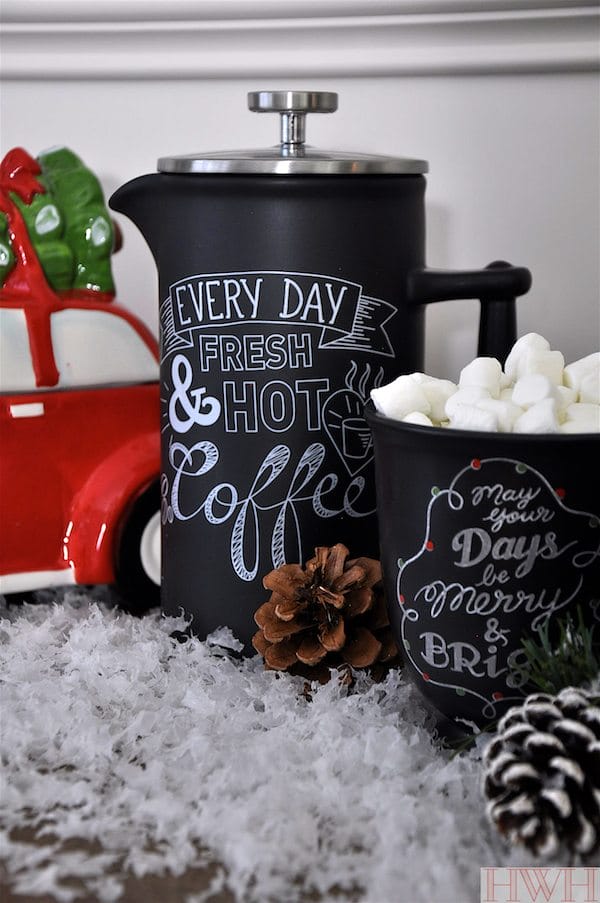 Hot cocoa and coffee on Christmas morning served in the cutest chalk mugs | Honey We're Home
