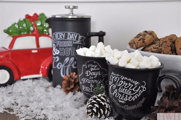 Hot cocoa and coffee on Christmas morning served in the cutest chalk mugs | Honey We're Home