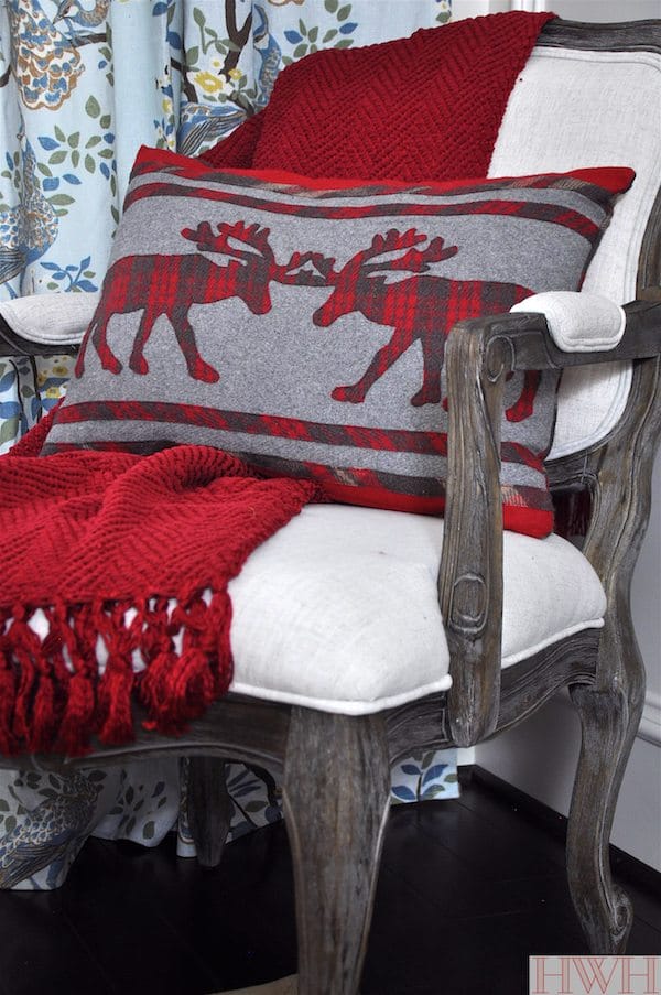 Red chenille throw and plaid stag pillow & festive holiday decor | Honey We're Home