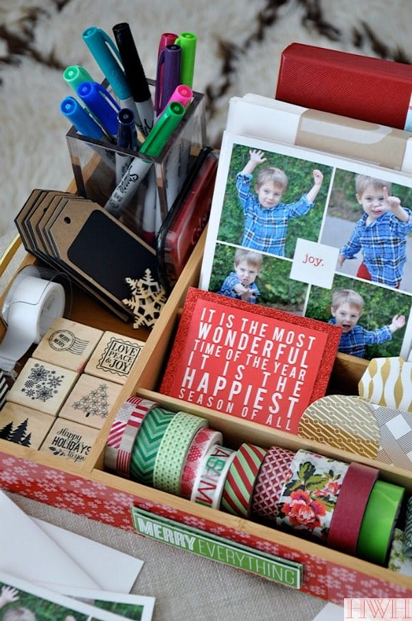 Holiday card caddy - all your supplies in one place using a silverware tray! | Honey We're Home