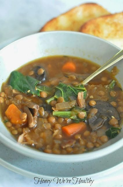 Crock Pot Lentil Soup with Mushrooms & Greens - such a flavorful, hearty soup!  Great for busy weekdays or slow weekends! 