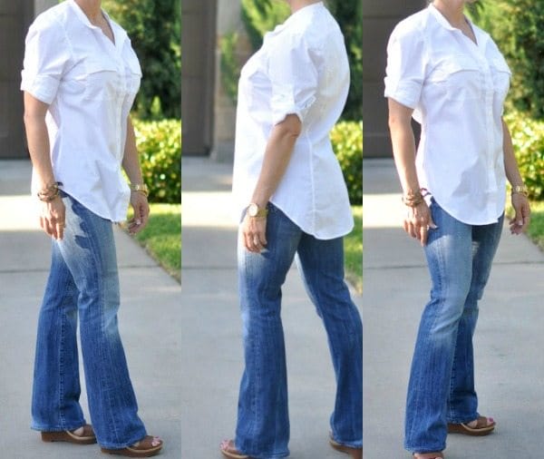 bootcut jeans with wedges and white button-down