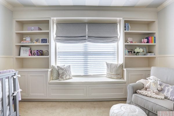 Baby Girl's Lavender Nursery with built-in bookcase and bench seat | Honey We're Home