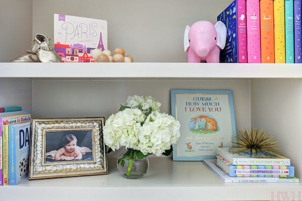 Baby Girl's Lavender Nursery - bookshelf styling| Honey We're Home
