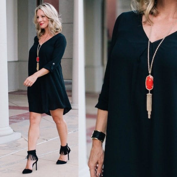 Fall fashion - little black dress with red Kendra Scott necklace and fringe heels - date night here I come!