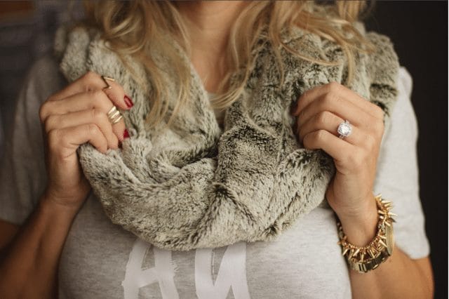 Super soft faux fur infinity scarf, watch, rings and cluster bracelet.
