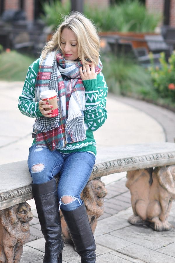 Winter fashion | festive snowman sweater and plaid reversible scarf 