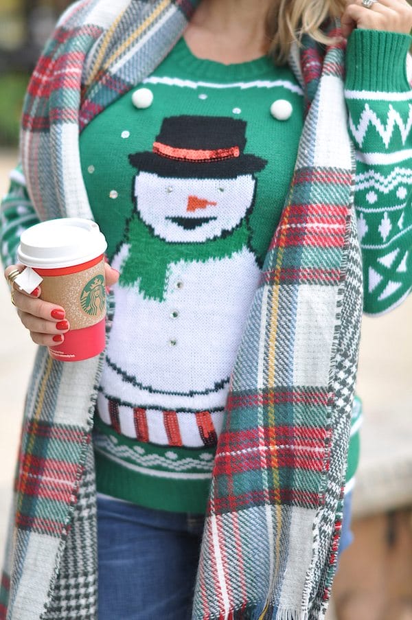 Winter fashion | festive snowman sweater and plaid reversible scarf