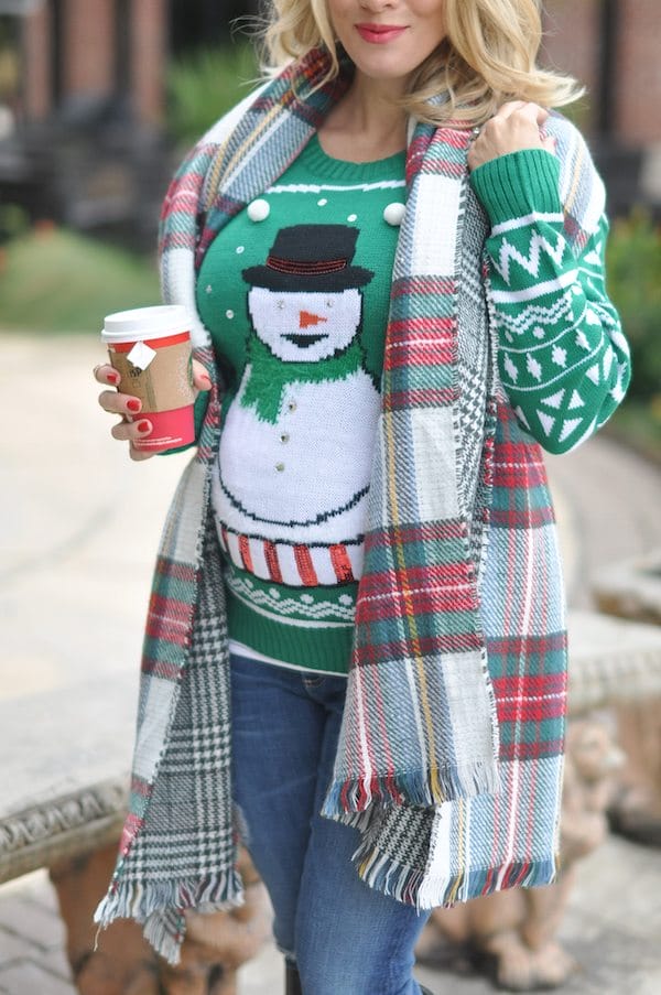 Snowman sweater and reversible plaid scarf.