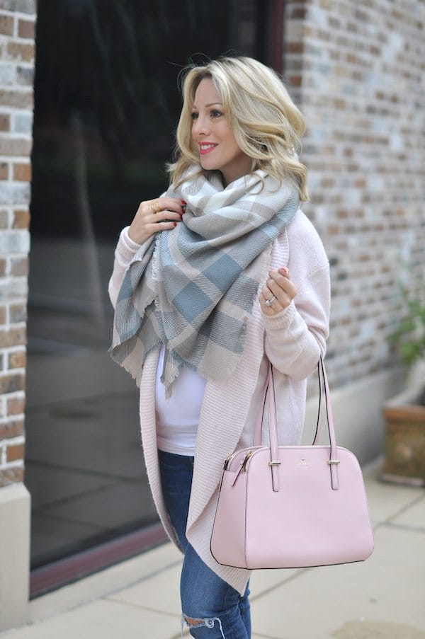 Fall & Winter Fashion - pink cardigan and plaid scarf, pink Kate Spade purse 