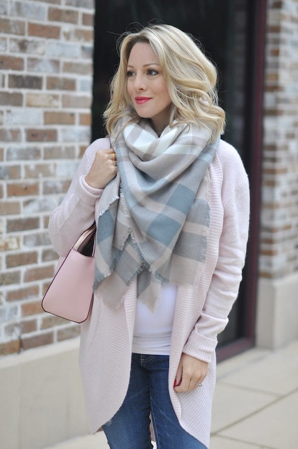 Fall & Winter Fashion - pink cardigan and plaid scarf, pink Kate Spade purse 