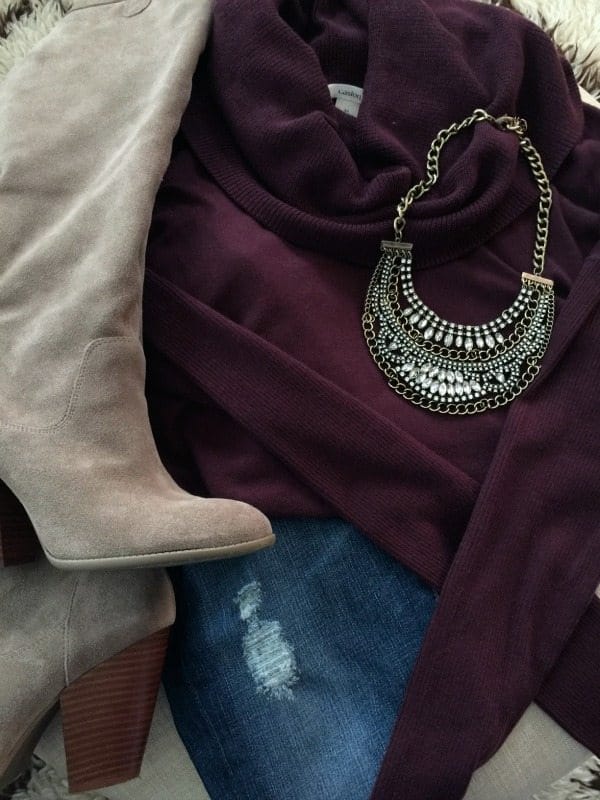 Cowl neck sweater, boots and  necklace.
