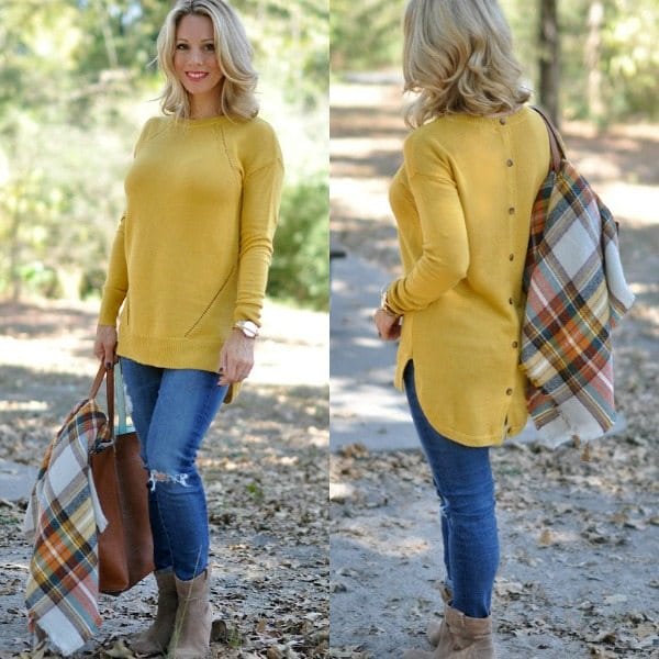 Yellow button-back sweater and plaid scarf.