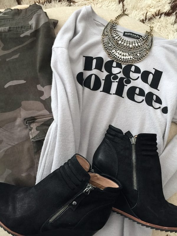 Fall & Winter Fashion - camo pants and 'need coffee' top