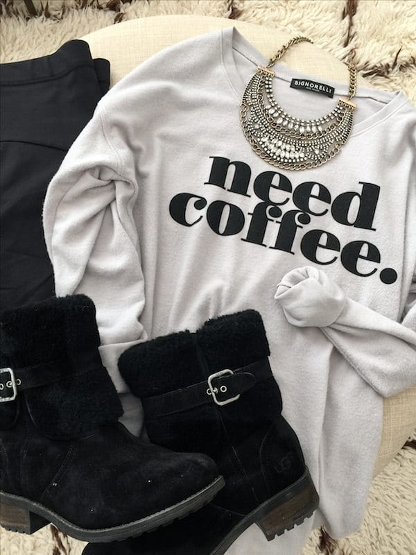 Fall & Winter Fashion - camo pants and 'need coffee' top