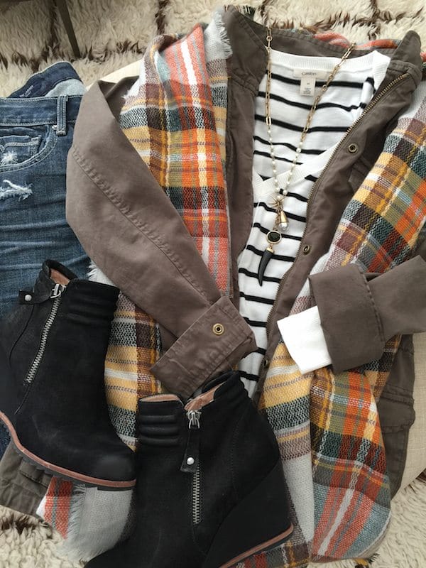 Fall & Winter Fashion - distressed jeans, striped top, military jacket and plaid blanket scarf- great casual weekend outfit