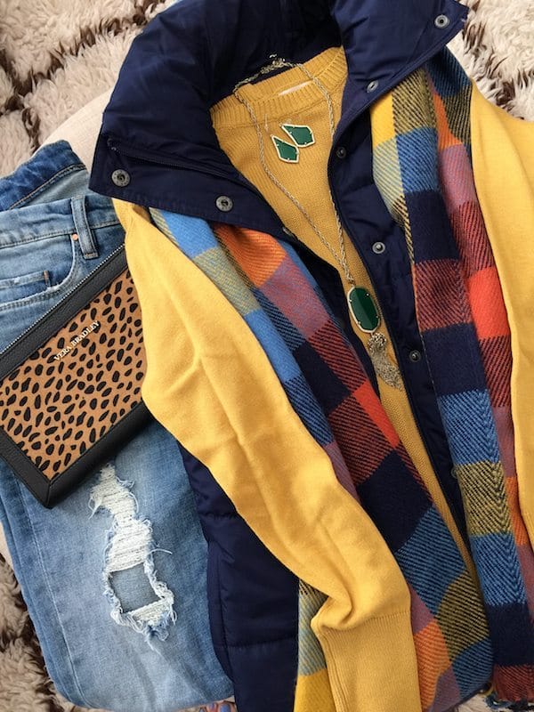 Fall & Winter Fashion - distressed jeans, yellow sweater, puffer vest, leopard clutch, colorful blanket scarf- great weekend outfit