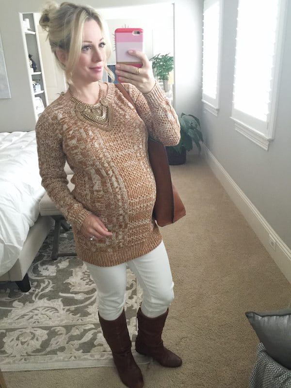 Fall/Winter fashion - white jeans, cable knit sweater, brown boots  #dressingthebump #bumpstyle #maternitystyle