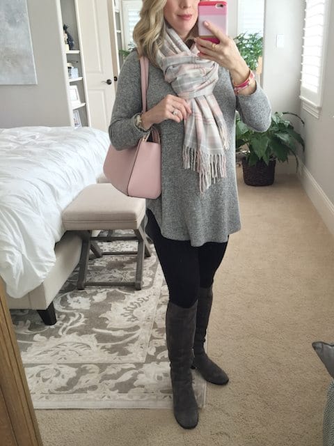 Winter fashion | grey tunic and knee high boots with leggings - #maternitystyle #dressingthebump