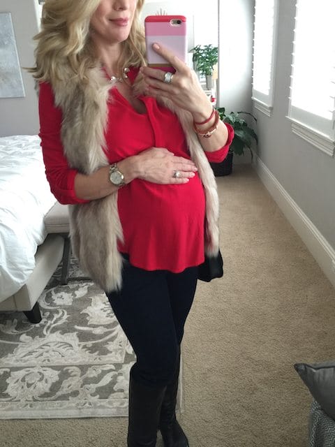Winter fashion | red tunic and knee high boots with leggings - cute date night pregnancy outfit, #maternitystyle #dressingthebump