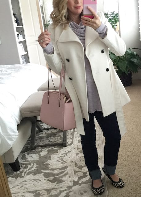 Winter fashion | lilac tunic with jeans and leopard flats, white coat 