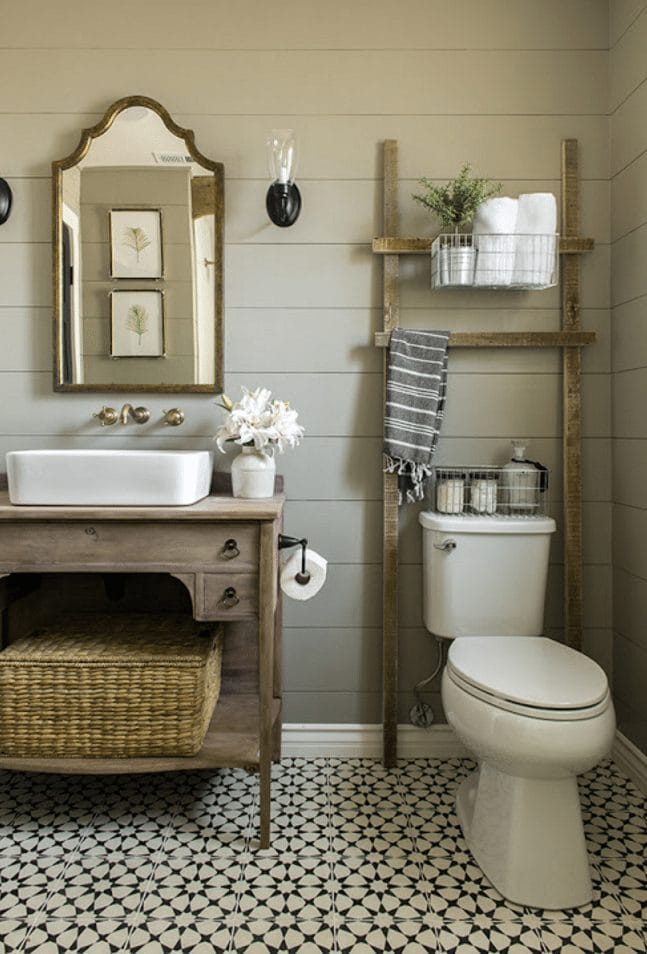 How gorgeous is this rustic, neutral bathroom - love that ladder shelf! | Jenna Sue Design Co.