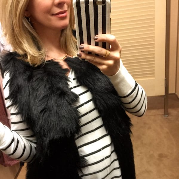 Fall/Winter fashion - striped top and black faux fur vest