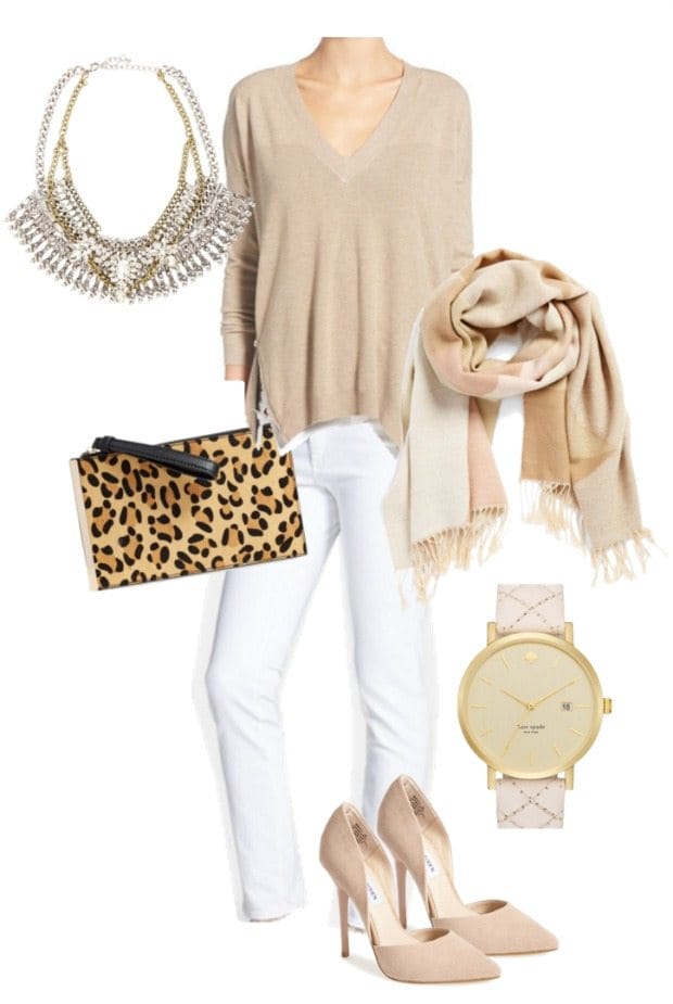 Winter white outfit inspiration - loving the luxe look of the blush pink and leopard bag