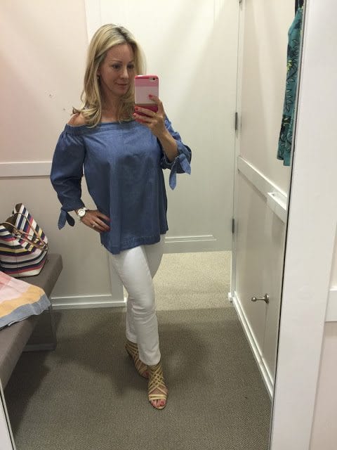Summer Fashion -chambray off the shoulder top and white jeans #outfit #outfitinspo #summerfashion