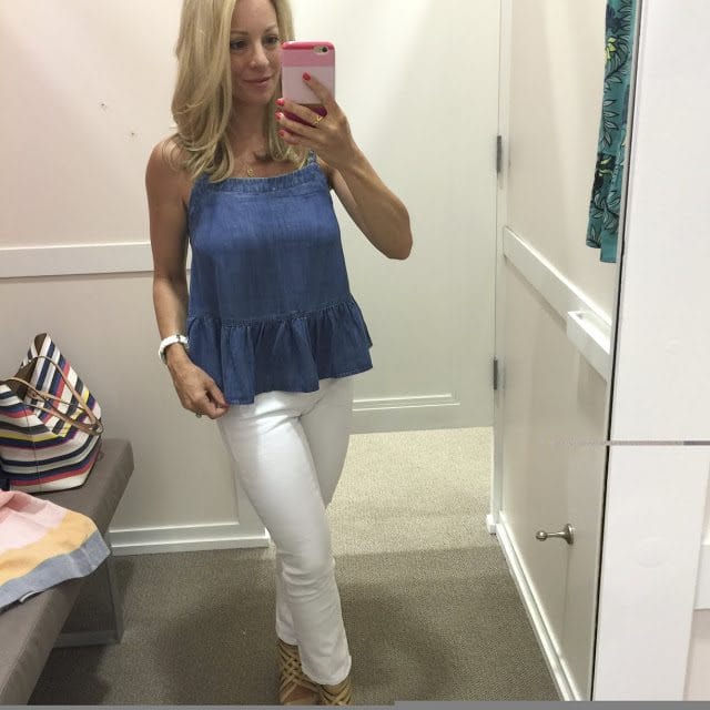 Summer Fashion - chambray peplum tank and white jeans #outfit #outfitinspo #summerfashion