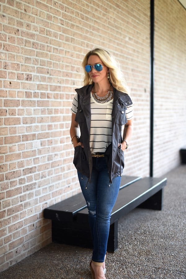 Outfit Inspiration | Striped top and ripped skinny jeans & military vest