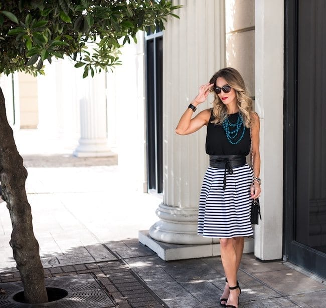 Black and white top striped skirt outfit ideas