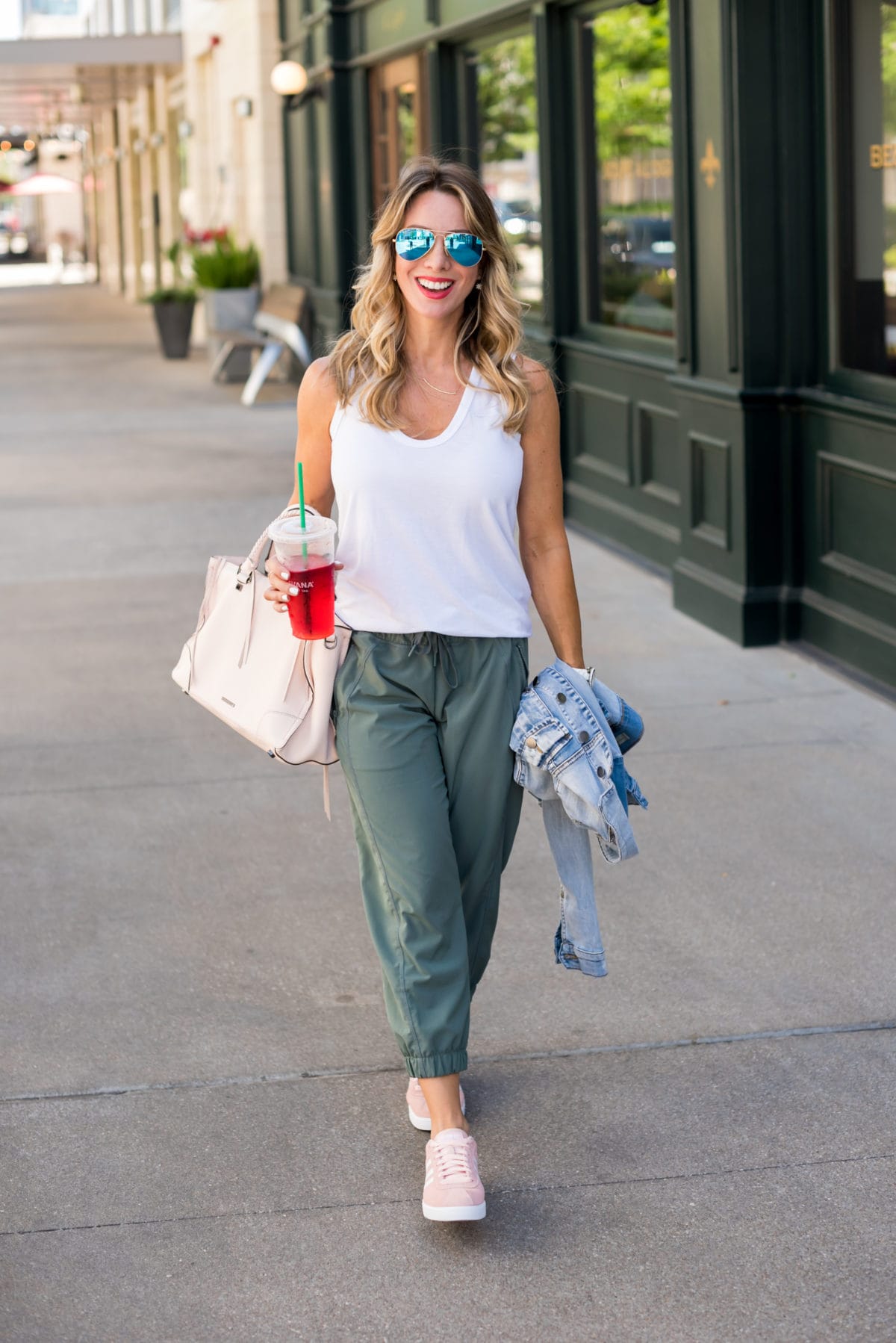 white tank army green joggers