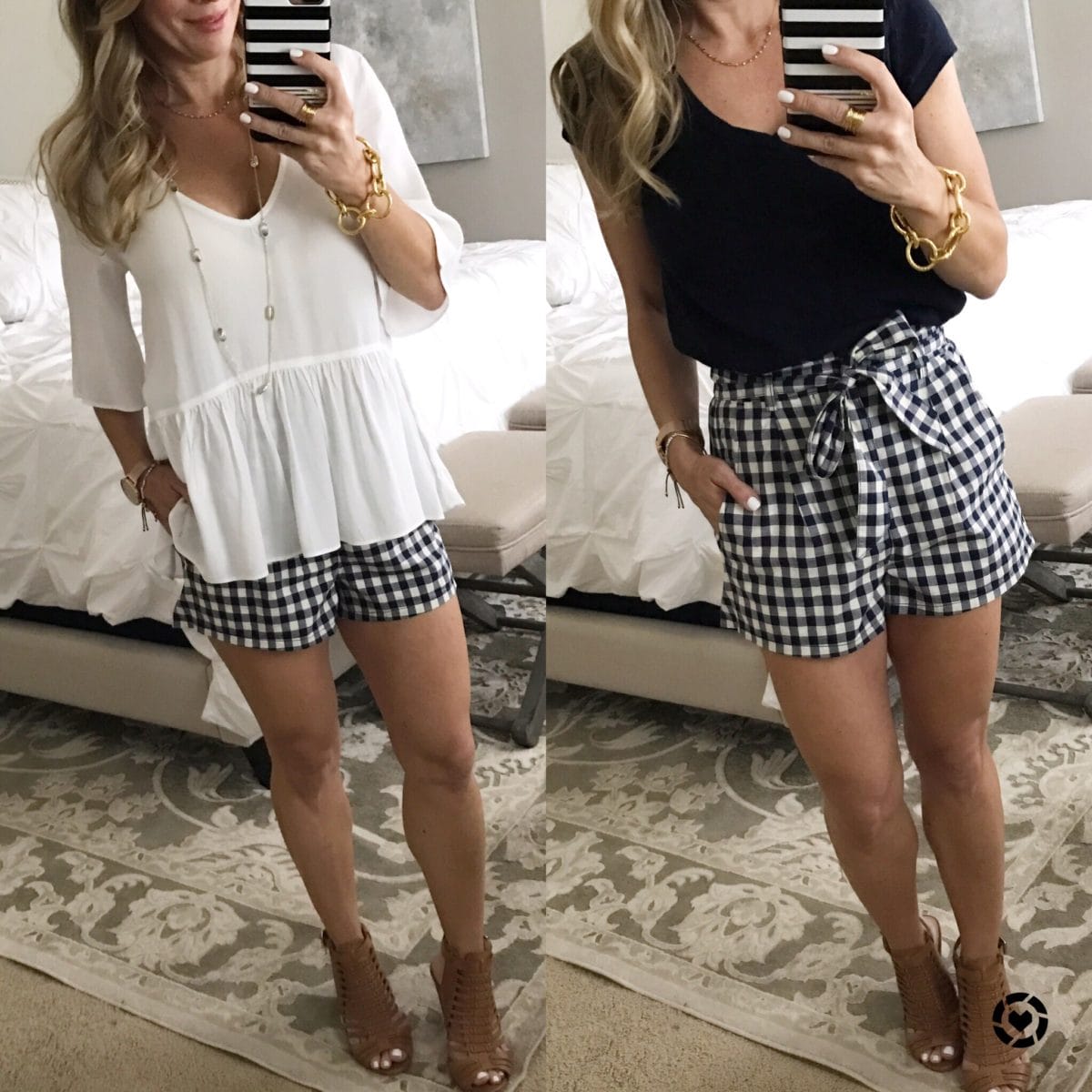 gingham shorts white top