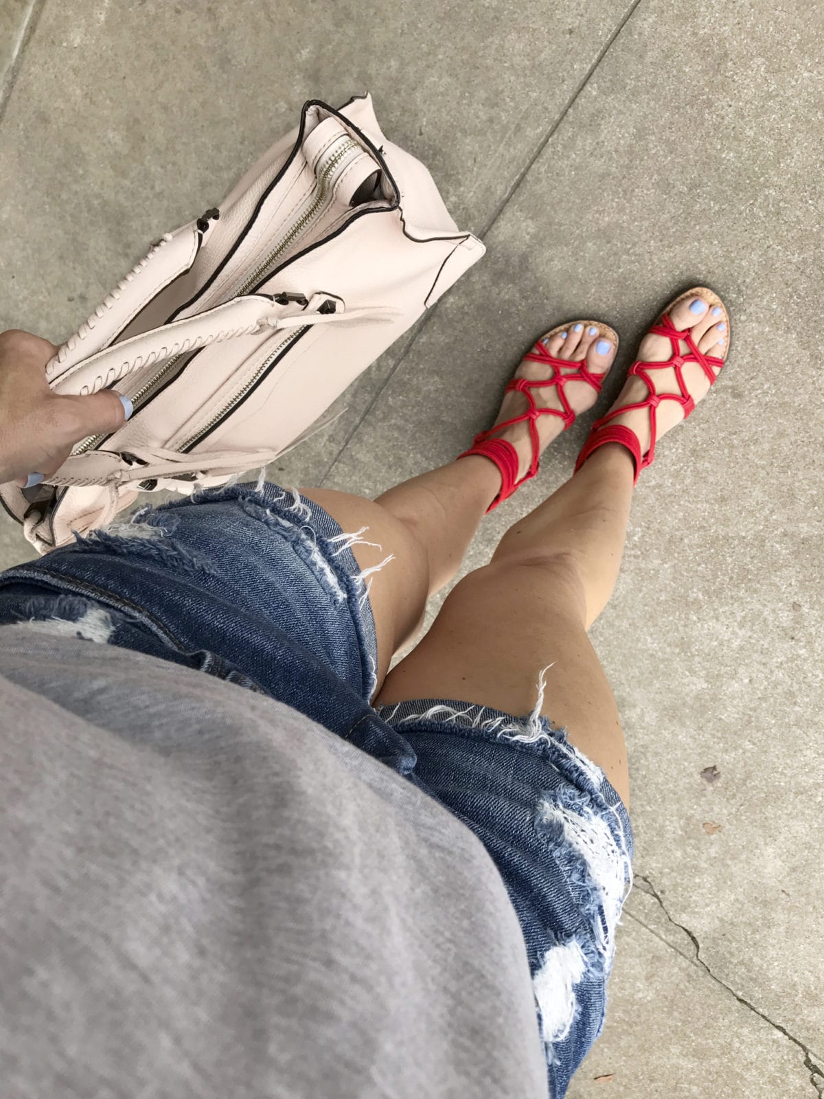 red sandals jean shorts