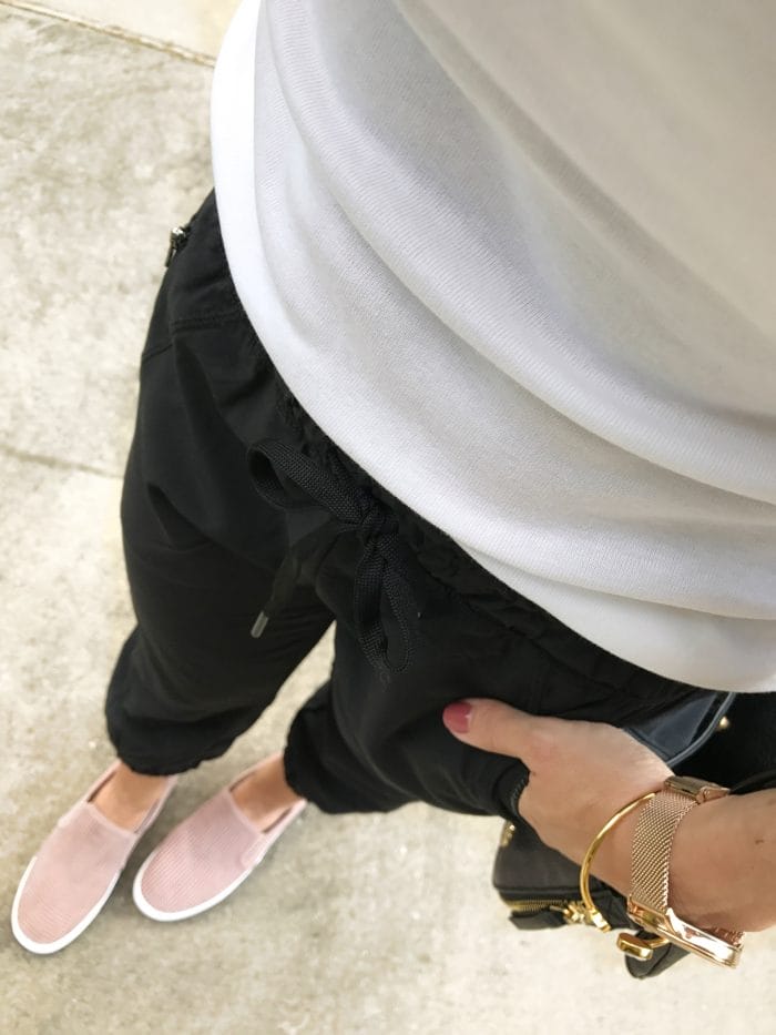 Black joggers pink slip on sneakers