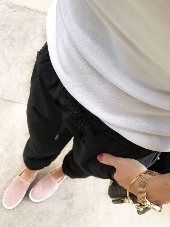 crop joggers pink slip on sneakers