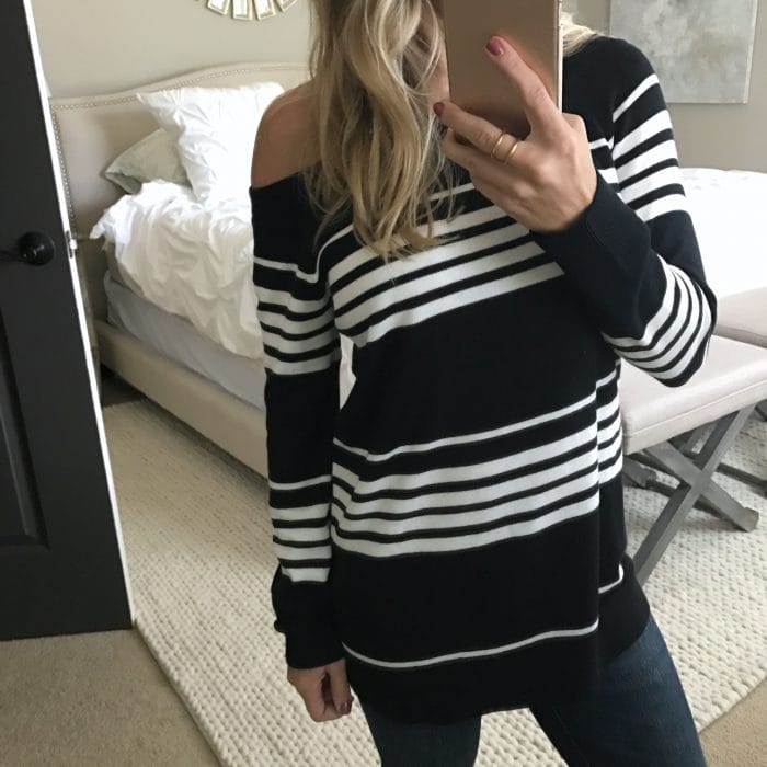 off shoulder stripe sweater