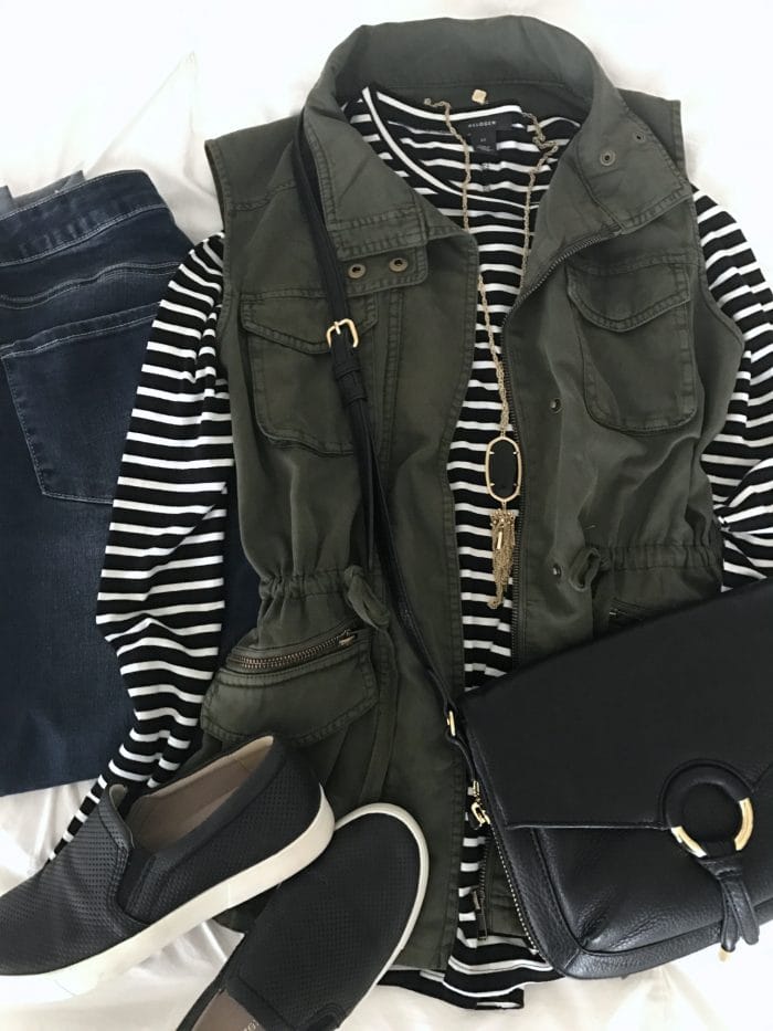 striped top military vest jeans slip on sneakers