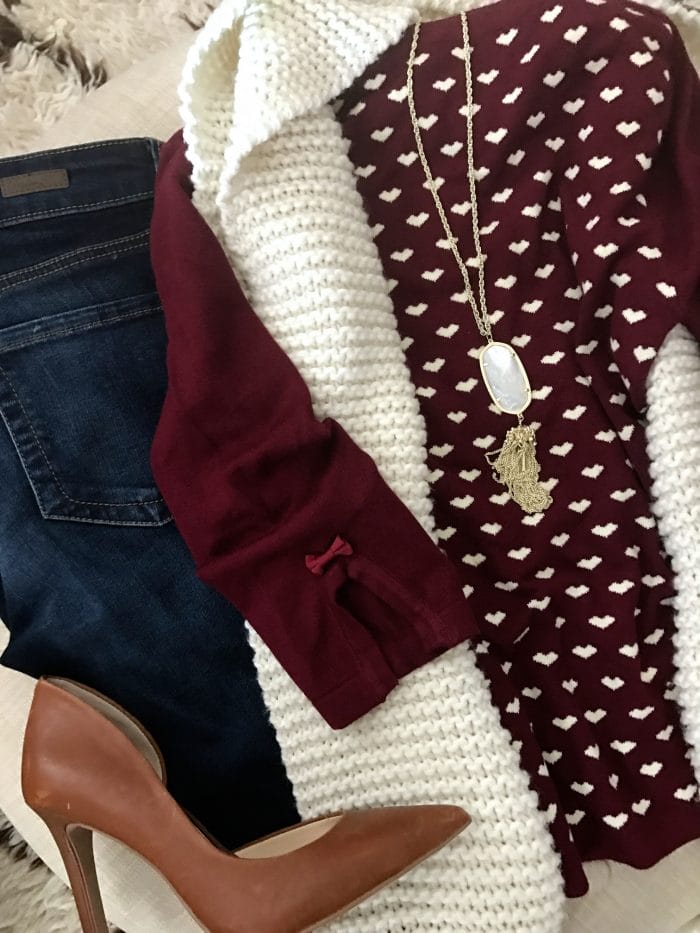 15 Fall Cute & Comfy Fall Outfits, heart sweater bootleg jeans and heels