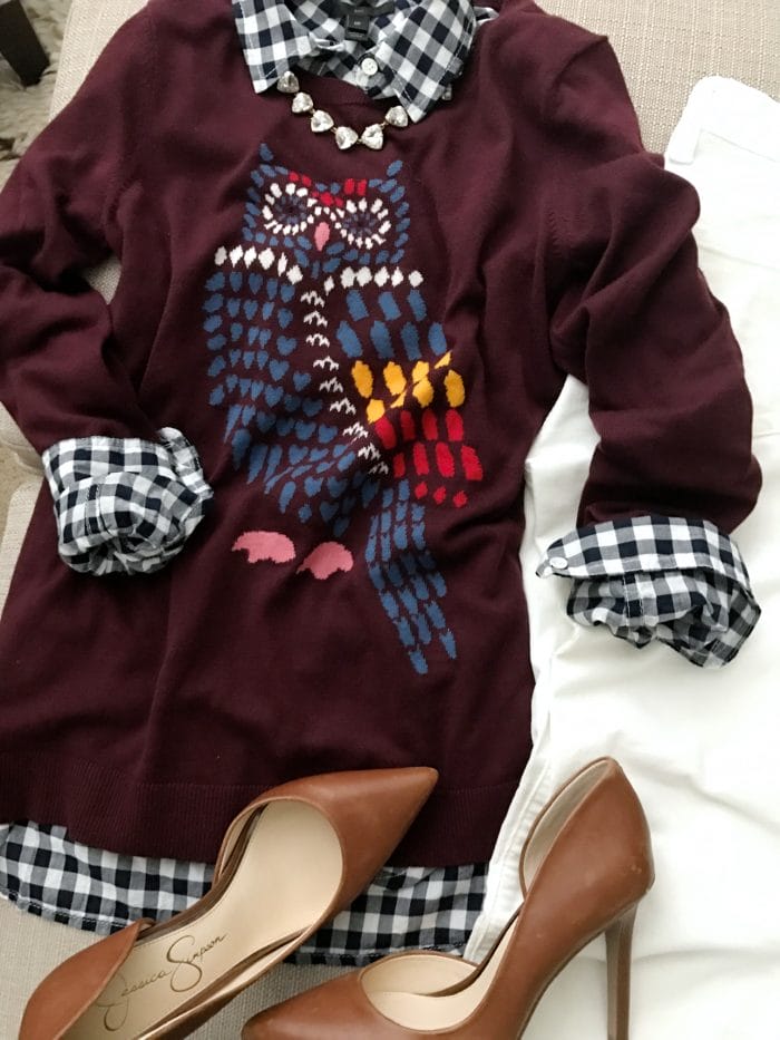 15 Fall Cute & Comfy Fall Outfits- owl sweater with gingham top and cords #fallfashion #falloutfit