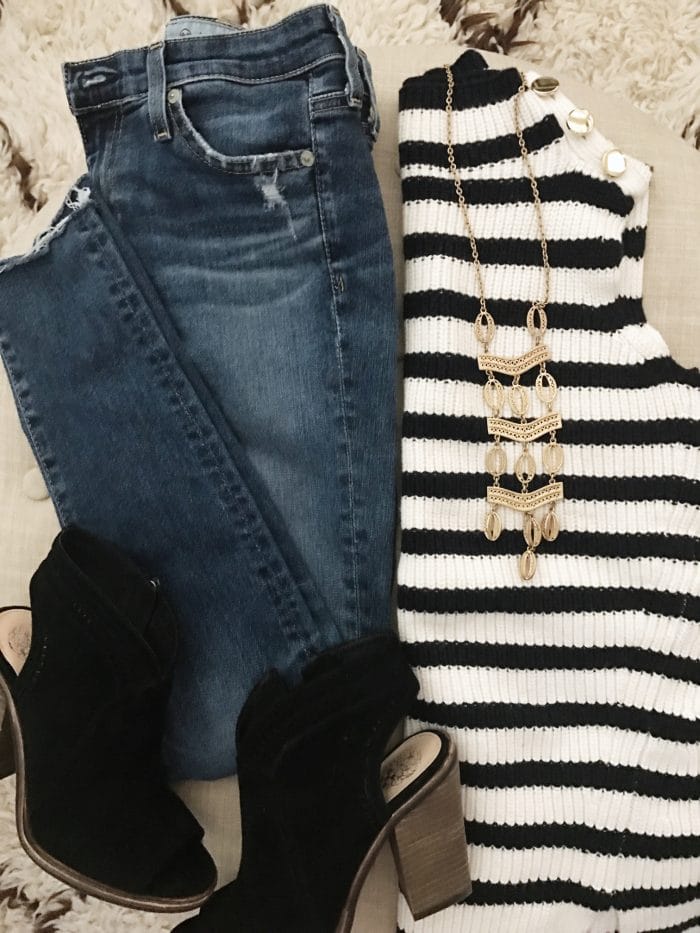 15 Fall Cute & Comfy Fall Outfits, striped sleeveless sweater with jeans and booties