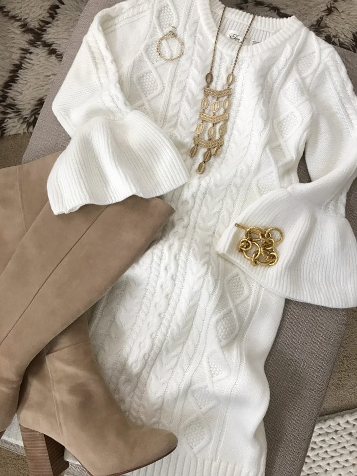 15 Fall Cute & Comfy Fall Outfits- white bell sleeve sweater dress with tall boots #fallfashion #falloutfit