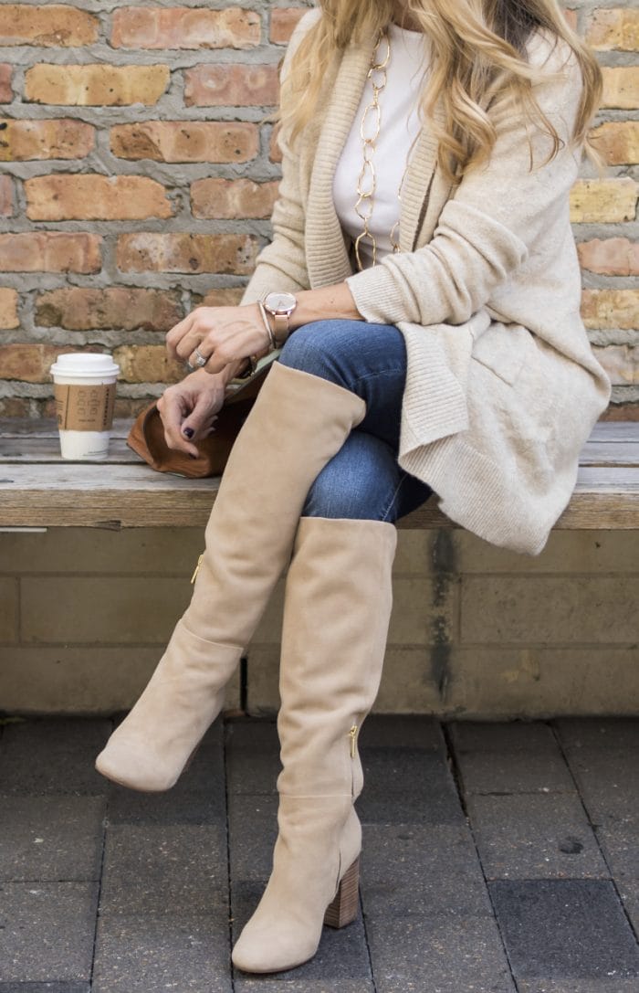 Fall fashion inspiration - knee boots with cozy cardigan and jeans #fallfashion #cardigan #kneeboots