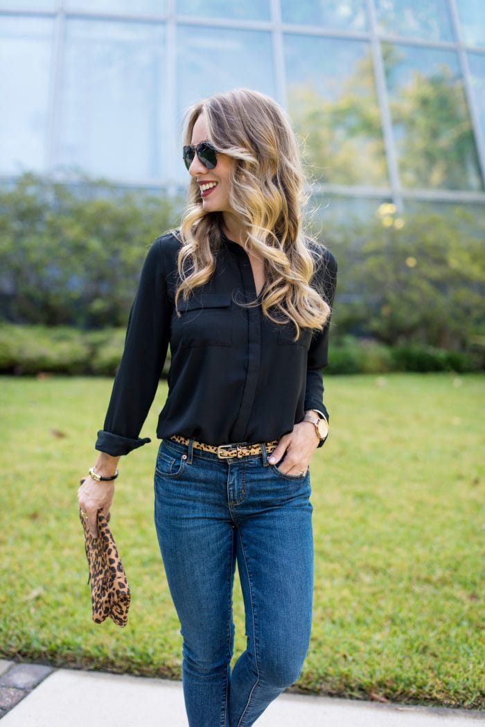 Black blouse w jeans and heels with pop of leapard- work to weekend
