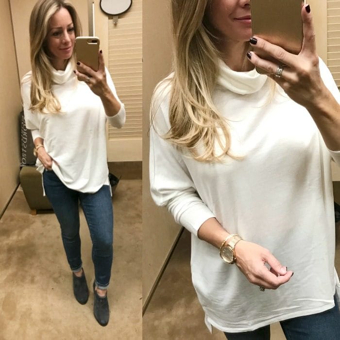 Fall Fashion - dressing room try on - cowl neck tunic